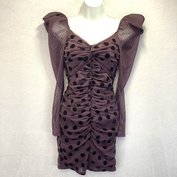 UNITEDWOOD Puff Sleeve Ruched Mesh Dress Womens 4 Purple Black Polka Dot Bodycon - Picture 1 of 14